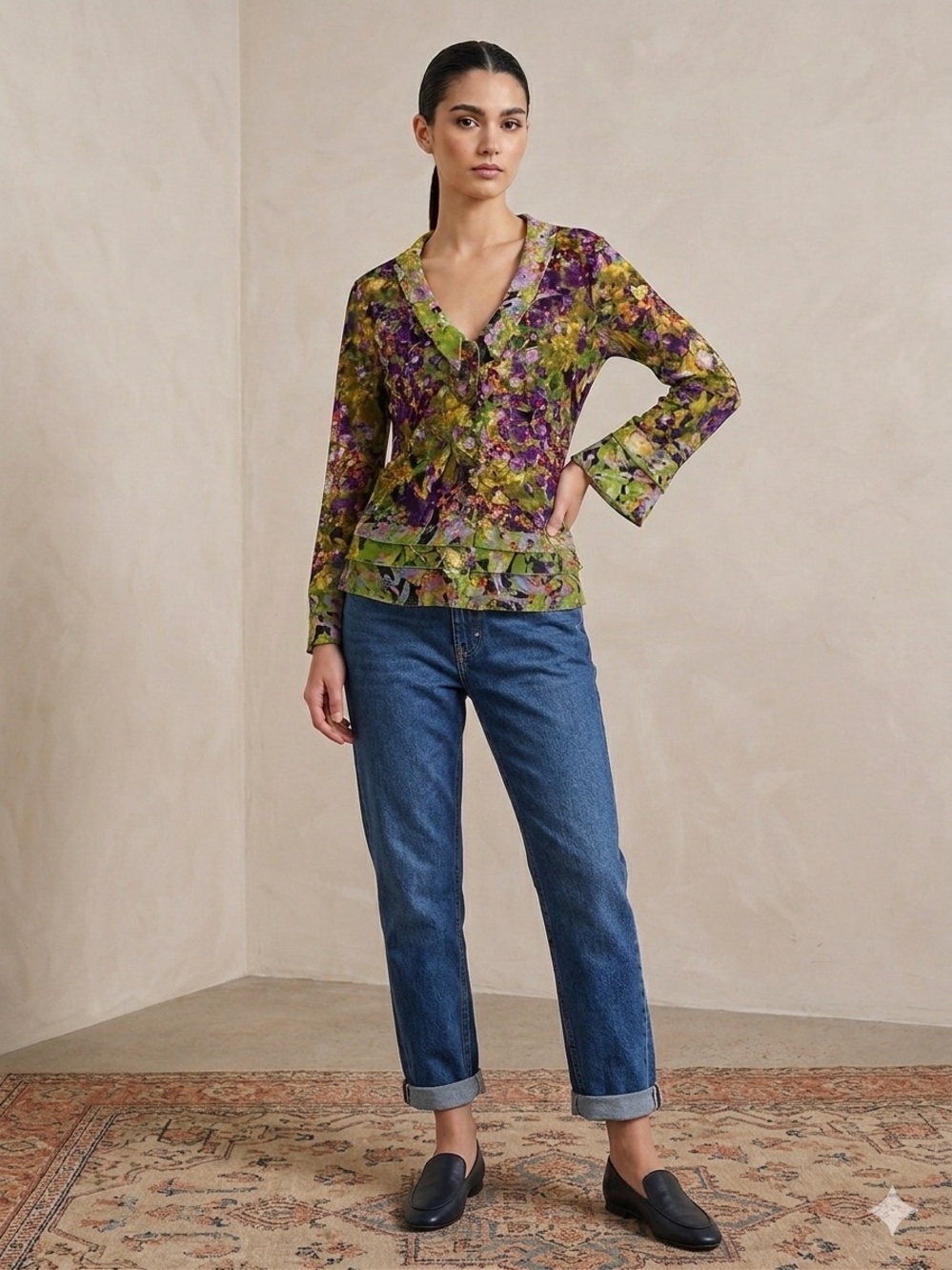 Roberto Cavalli Purple and Green Floral V-Neck Blouse